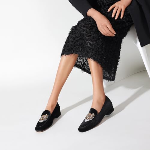 Image of Embroidered Loafers for Women Round Toe Chunky Heel Velvet Flats with Lion Head Pattern Wide Width Dress Casual Shoes