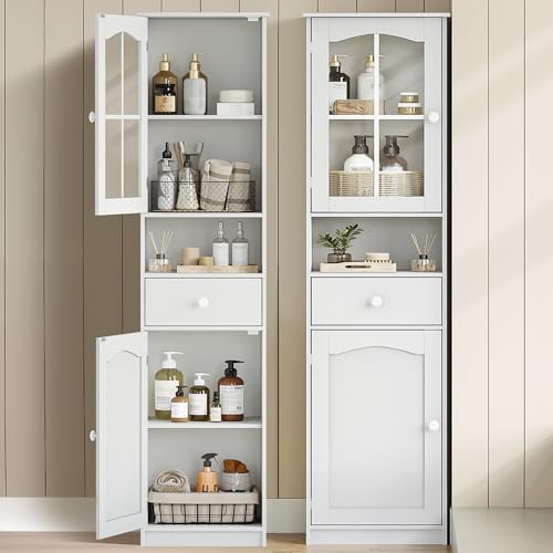 Hzuaneri Mueble de baño, módulo de Toilette con Puertas de Cristal, Armario Alto de almacenaje con 2 Hojas y 1 cajón, Apto para Espacios reducidos,Aseo, salón, 40 x 30 x 170 cm, Blanco