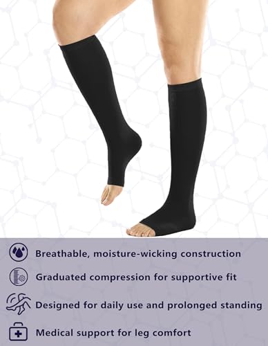 Image of +MD 2 Pairs 20-30 mmHg Compression Socks for Women & Men, Knee High Open Toe Stockings, Graduated Support & Comfort Hose
