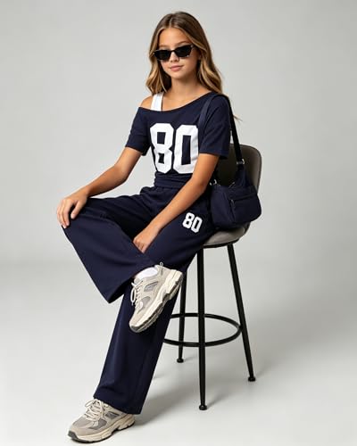 Image of Teen Girls Clothes Off the Shoulder Top and Wide Leg Pants Matching Outfit Set with Pockets Size 7-16