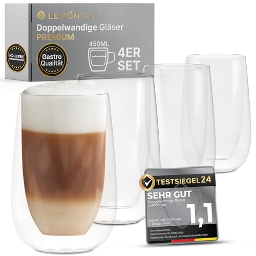 Lemontree 4er Set Latte Macchiato Gläser 450ml - Gastronomie Qualität - 180 Grad spülmaschinenfest und hitzebeständig - doppelwandige Gläser aus Borosilikatglas - ideal für Eiskaffee Matcha Kaffee