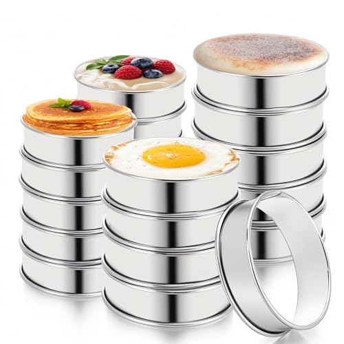 20 PCS English Muffin Rings - 4 Inch and 3.35 Inch Set Stainless Steel Crumpet Rings, Nonstick Muffin Pastry Cake Cookie Ring, Double Rolled Metal Round Tart Ring Egg Molds for Home Baking Cooking