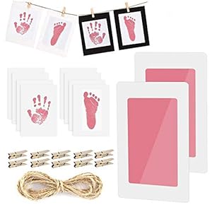 LATTCURE Babyvoetafdruk en handafdruk, 2 stuks babyvoetafdruk, met papieren fotolijst, babyhuid komt niet met kleur in aanraking voor pasgeborenen 0-6 maanden (roze)