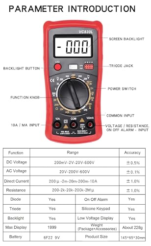 Image of Digital Multimeter with Premium Probes, Measures AC /DC Voltage, Current, Resistance, Diode, Triode, Suitable for Household use, and Industrial use - Red