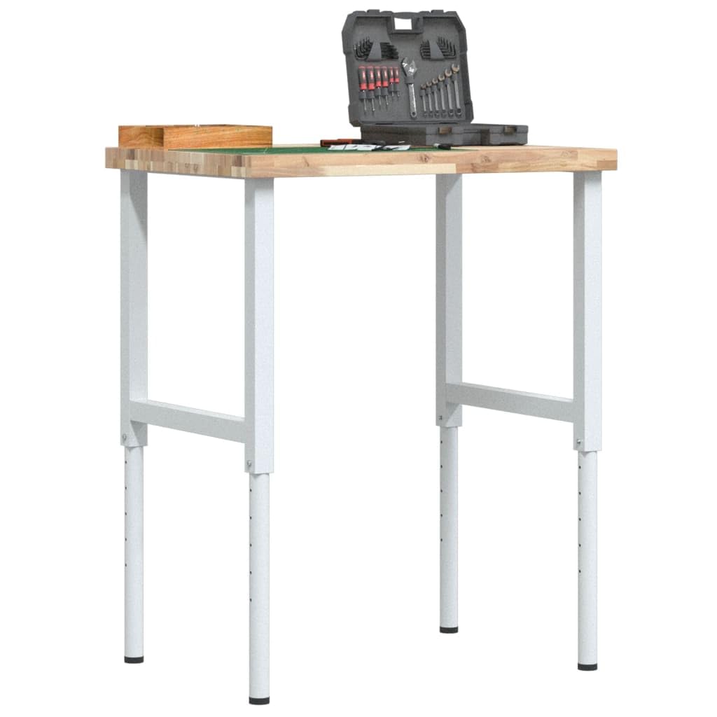 Banco da lavoro in legno di acacia massiccio con telaio regolabile in altezza, 80 x 60 x (73-99,5 cm), tavolo da lavoro rettangolare per officina, garage, fai da te, hobby, con piano di lavoro