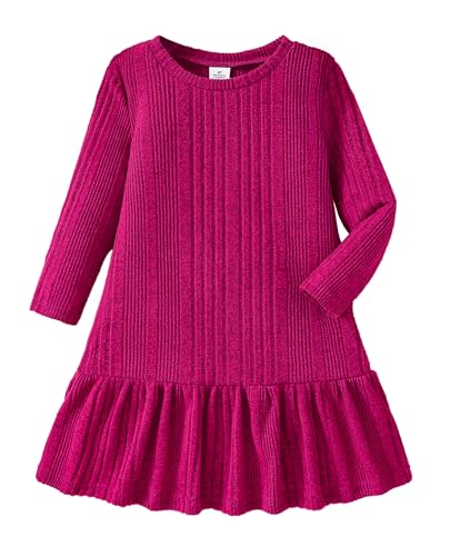 Girls Long Sleeve Dresses Girls Knit Sweater Dresses Fall Winter Kids Casual Dress for 4-8Y(Rose Red)