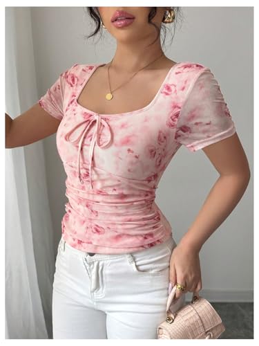 GORGLITTER Women's Floral Mesh Ruched T Shirt Tie Front Short Sleeve Square Neck Slim Tops3