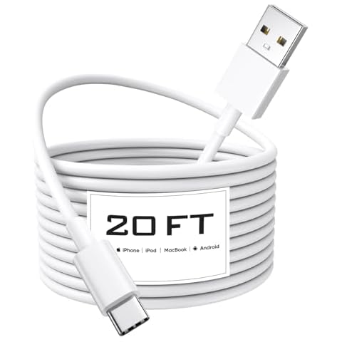 Long USB C Cable 20Ft, White Premium TPE USB A to Type C Cable Charger Cord Fast Charging for iPhone 16 15 Series Samsung Galaxy, Note, LG, Moto, Pixel and Other USB-C Device Cover