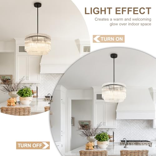 Image of 15.44 inch Drum Chandeliers Dining Room Black Modern Round Glass Brushed Nickel Chandelier 6-Lights with Crystals for Living Room Kitchen Island Entryway Foyer Stairway Light Fixture