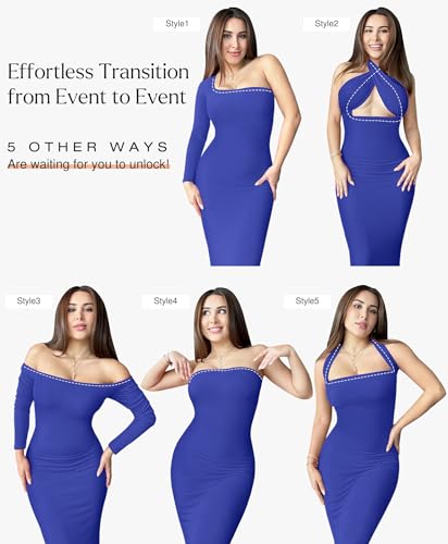 Image of Popilush Long Sleeve Formal Dress with Built in Shapewear Bra Maxi Dress | Light Tummy Control, Square Neck, Floor Length, Removable Cups, Wedding Guest Evening Bodycon Dress