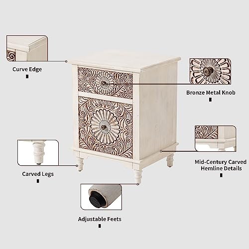 Image of HOMPUS Night Stand Set 2, Vintage Nightstand with Storage, White Nightstand with Flower Pattern, Accent End Table, Bedside Table for Farmhouse, Bedroom, Light Grey Grain