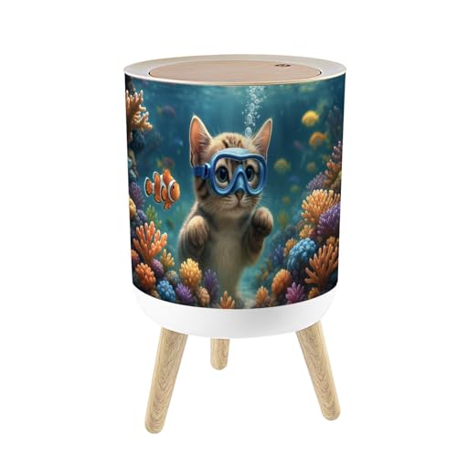 Caneca de basura pequeña redonda con tapa y patas de madera