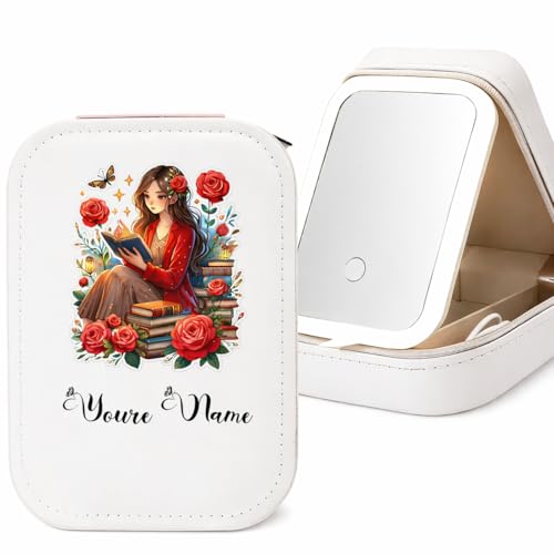 PRIMIT LED Travel Jewelry Case with Mirror, 10 Sealed Book Lover Girl - Image 2