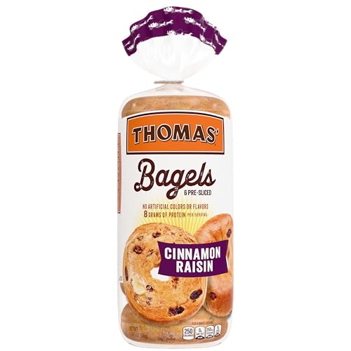 Thomas' Cinnamon Raisin Bagels, 6 count, (3.0 oz each), 8g Protein, Kosher Bagels, 18 oz Bag