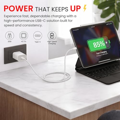 Image of 20W Type C Fast Charger PD USB C Wall Adapter with Type C Braided Cable Compatible for iPhone 15 /15 Plus /15 Pro /15 Pro Max /Samsung /Nothing & Other Devices (White)