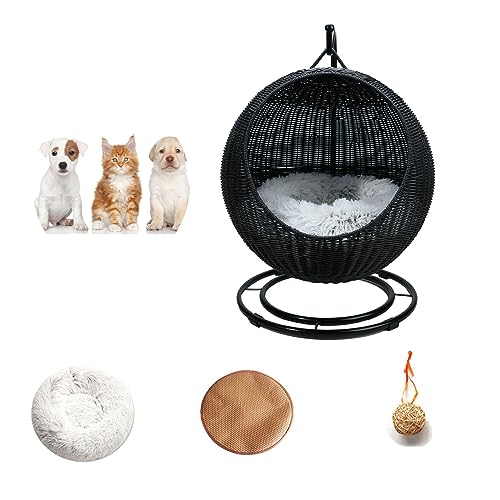 QLXYYFC Cat Bed Hanging Swing Egg Chair Pet Wicker Hammock With Removable Cushion & Hanging Ball, Washable Pet Swing for Cat, Small Dog, Small Animals (Color : Black, Size : 43cm X 66cm)