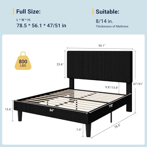 Image of Allewie Full Bed Frame, Corduroy Tufted Headboard, Black | Soft Corduroy Fabric, Adjustable Headboard, 800 lb Capacity, Wooden Slats, No Box Spring Needed, Easy Assembly
