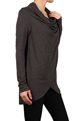 HEYHUN Womens Casual Cowl Neck Draped Button Detail Longsleeve Top S-3XL3