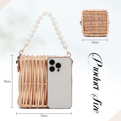 Oweisong Rattan Beach Bag for Women Small Woven Straw Purses Summer Vacation Square Wicker Shoulder Bag with Pearl Strap2