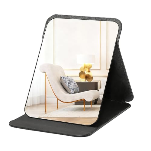 Zeeorymn Folding Travel Mirror PU Portable Adjustable Rectangular Ultra-Thin Mirror Suitable for Travel Camping Home Use (10 x 6.8 inches) Black