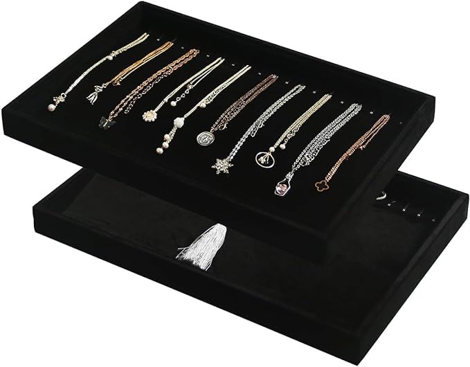 Image of Chain Velvet Jewellery Drawer Organizer Tray Stackable Tray for Drawer (Black) (14 * 10 INCH)