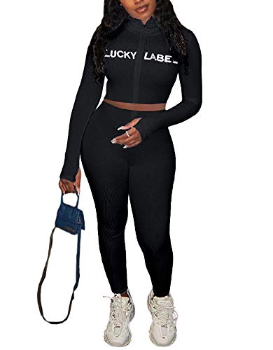 2 Piece Outfits for Women - Casual Two Pc Long Sleeve Crop Top + Skinny Jogger Pants Sweatpants Sets Sweatsuits Tracksuits Jumpsuits Clubwear Black Large