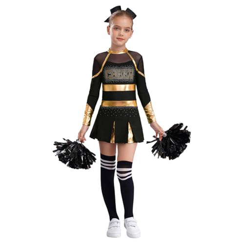TiaoBug Bambina Costume da Cheer-Leader Manica Lunga Vestito Cheerleading con Pompon Uniforme da Cheer-Leader Ginnastica Leotards con Strass Lucidi Costume Carnevale Oro A 7-8 Anni