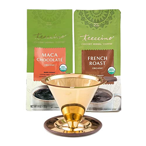 Teeccino Pour Over Coffee Maker with 2 (Two) 11 Ounce Bags Chicory Coffee Alternative - Maca Chocolate and French Roast – Prebiotic, Caffeine Free, Acid Free, Stainless Steel Gold Coffee Dripper