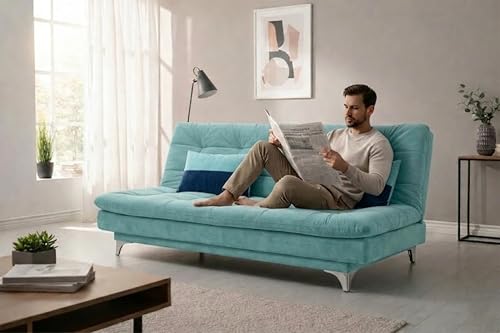 Image of FURNY Supersoft 3 Seater Fabric Sofa Cum Bed with Ottoman (Sky Blue) Premium Velvet Finish with Extra 2 Cushions, Ideal for Living Rooms, Bedrooms, Offices