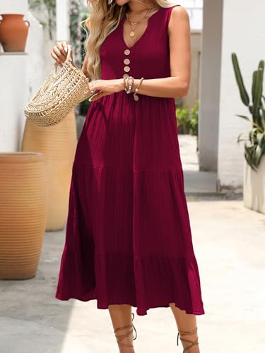 Image of HELYO Women's Casual Summer Dress 2026 Sleeveless V Neck Button Beach Sundress Tiered Ruffle Flows Skirt Midi Dresses