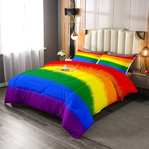 Image of Feelyou Rainbow Bedding Set Colorful Rainbow Comforter Set for Kids Boys Girls Multicolor Comforter Ultra Soft Quilt Set 1 Comforter Set with 2 Pillowcases Queen Size