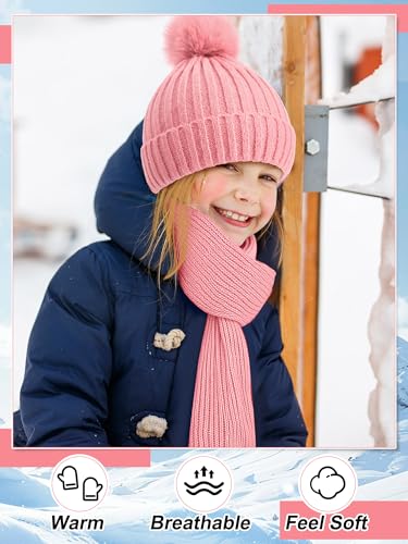 Image of JaGely 2 Sets Kids Winter Hat Gloves Scarf Set Girls and Boys Knit Hat with Pom Warm Scarf Snow Gloves for 3-10 Years Toddler