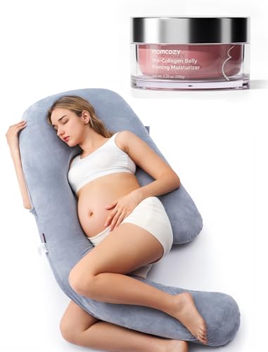 Momcozy Maternity Comfort Bundle: Full Body U-Shaped Pregnancy Pillow & Hydrating Stretch Mark Cream - Total Body Support & Skin Care Set - Essential Pregnancy Registry Gift for Expecting Mothers