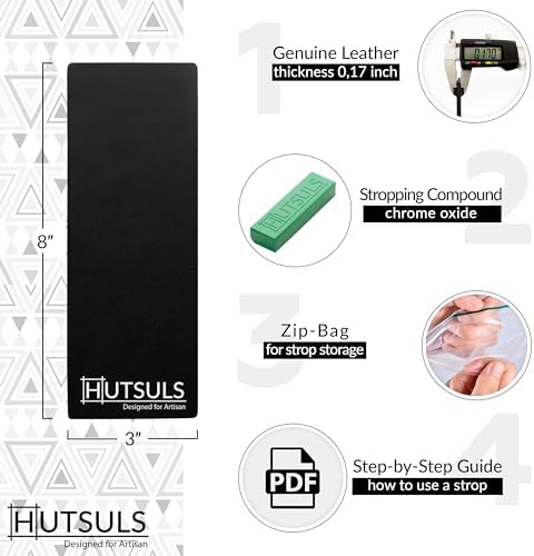 HUTSULS Premium Black Leather Straws with Compound Razor Sharp Edge with Stroping Kit, Green Honing Compound & Vegetable Tanned Double Sided Leather Strope, Knife Sharpener with Step by Step Guide