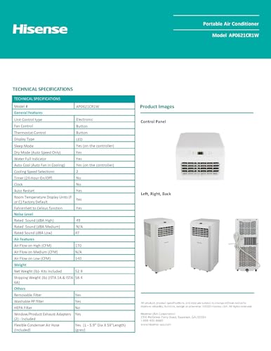 image for Hisense Portable Air Conditioner 6,000 BTU Cooling Dehumidifier Fan fo