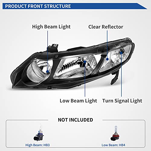 Image of oEdRo Headlight Assemblies Compatible with 06 07 08 09 10 11 Civic 4 Door Sedan Headlamps Black Housing Clear Reflector - Passenger and Driver Side