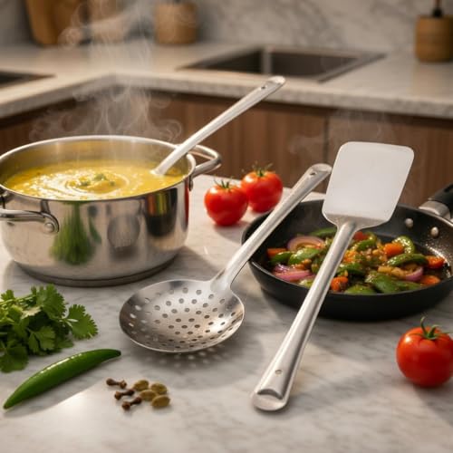 Image of Ajay's Shoppe Stainless Steel Kitchen Spoon Set of 3 | Ladle, Skimmer & Turner Set | Heavy Duty Cooking Tools for Home Kitchen