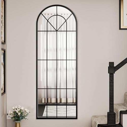 Image of Dewfig Arched Windowpane Floor Mirror, 65 inchx 22 inch Full Length Mirror, Black