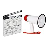 2 TLG. Film-Set, Megafon Stadion, Filmklappe weiß, Flüstertüte 10 Watt, Regieklappe Holz, Megaphon Ole Sound, Clapboard