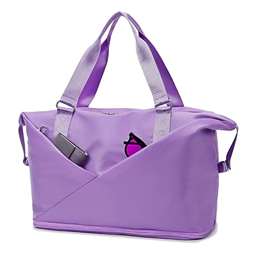 Folding Travel Duffel Bag for Women, Large Capacity Weekender Bag, Waterproof Dry and Wet Separation Sports Gym Bag, Portable Expand Carry On Overnight Tote Bags for Women (Purple)