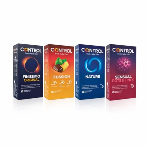 Control Pleasure Mix Pack Ahorro de Preservativos, Tipos: Nature, Finissimo, Fussion (Sabores), Sensual Dots and Lines y Sensual Intense Dots, 48 Preservativos, Pack de 5 Cajas