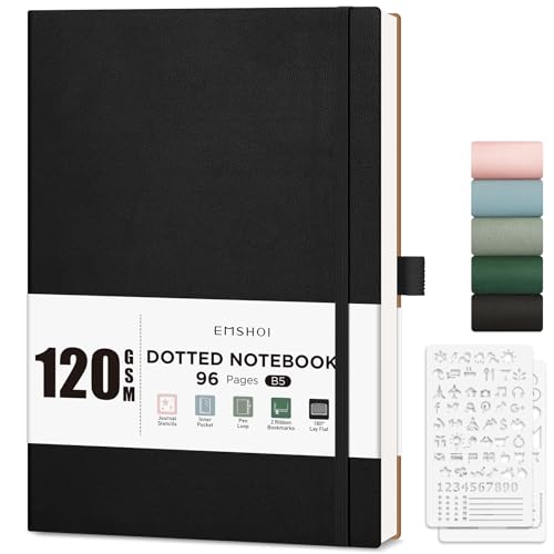 EMSHOI Cuaderno B5 con Puntos - Papel Grueso de 120gsm, 19,5 x 25,5 cm Cuaderno Grande de Cuadrícula de Puntos para Bullet Journaling con 96 Páginas, Plantillas de Diario, Tapa Blanda de Cuero