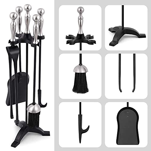 Amagabeli 5-delige haardset open haard gereedschap sets zilveren handgrepen smeedijzeren open haard ijzeren blokhouder open haard Lienbacher - Afbeelding 3