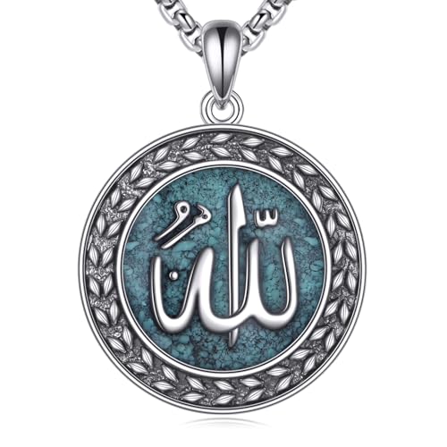 Collier Allah argent sterling 925 turquoise pendentif musulman bijoux islamiques hommes