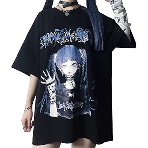YINGKE Womens Harajuku Style Short Sleeve Top Y2K Girls Anime Cute Kawaii T-Shirt(S, Black3) Cover