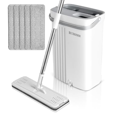 BUUROOHM Mop and Bucket with Wringer Set for Home, Hands Free White Flat Squeeze Mop Bucket Set for all Floor Cleaning and Wall Cleaner with 3-Chamber System 6 Reusable Microfiber Pads and Long Handle Cover