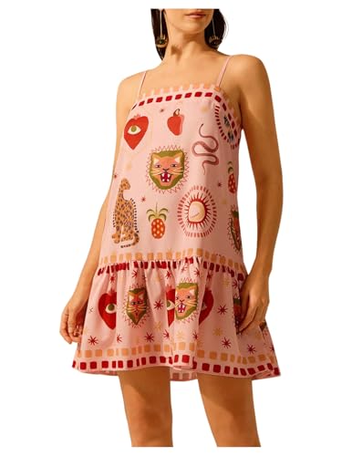 Women's Graphic Ruffle Hem Mini Vacation Dress Boho Spaghetti Strap Drop Waist Short Dresses