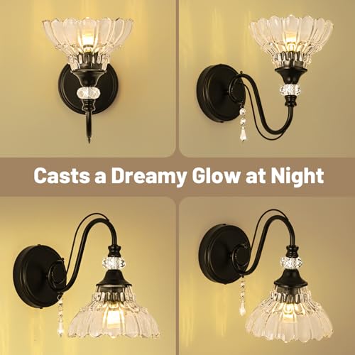 Image of 1 Piece Black Wall Sconce, 1-Light Black Farmhouse Wall Sconce with Hanging Crystal Accents and Flower-Shaped Clear Shades for Bathroom Bedroom Living Room,Vintage Vanity Light