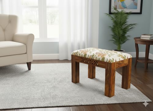 Image of Solid Sheesham Wood Cushioned Living Room Benches, Wooden, Upholstered Wooden Seating Bench for Home & Office l