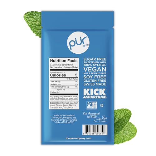 Image of PUR Gum | Aspartame Free Chewing Gum | 100% Xylitol | Natural Peppermint Flavored Gum, 55 Pieces (Pack of 1)